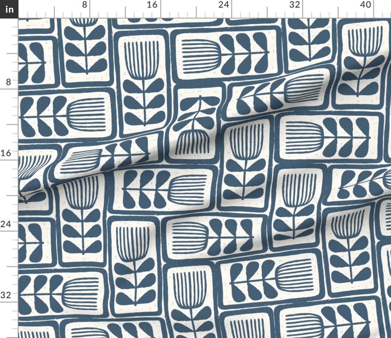 Retro Block Print Blue Abstract Flowers Minimal Stamped Japandi Custom Printed Fabric by Spoonflower Various Fabrics by the Yard or Fat Quarter